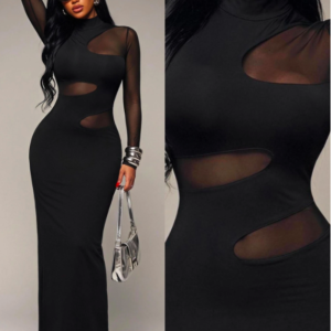 Elegant Unique Black High Neck Long Sleeve Bodycon Dress