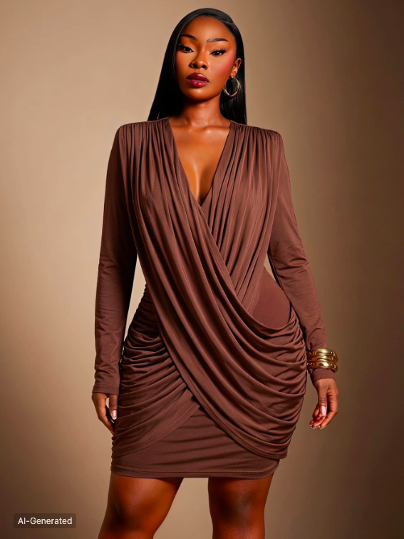 Sexy Brown High Elasticity V Neck Fitted Long Sleeve Mini Dress