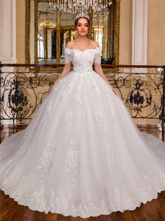 Ivorian Elegant Off-Shoulder Hand-Beaded Bridal Ball Gown